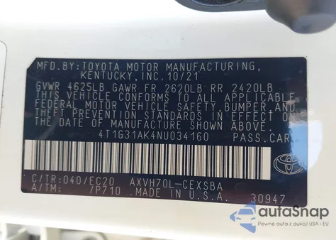 2022 Toyota Camry Nightshade Edition Hybrid from USA, damaged, VIN 4T1G31AK4NU034160